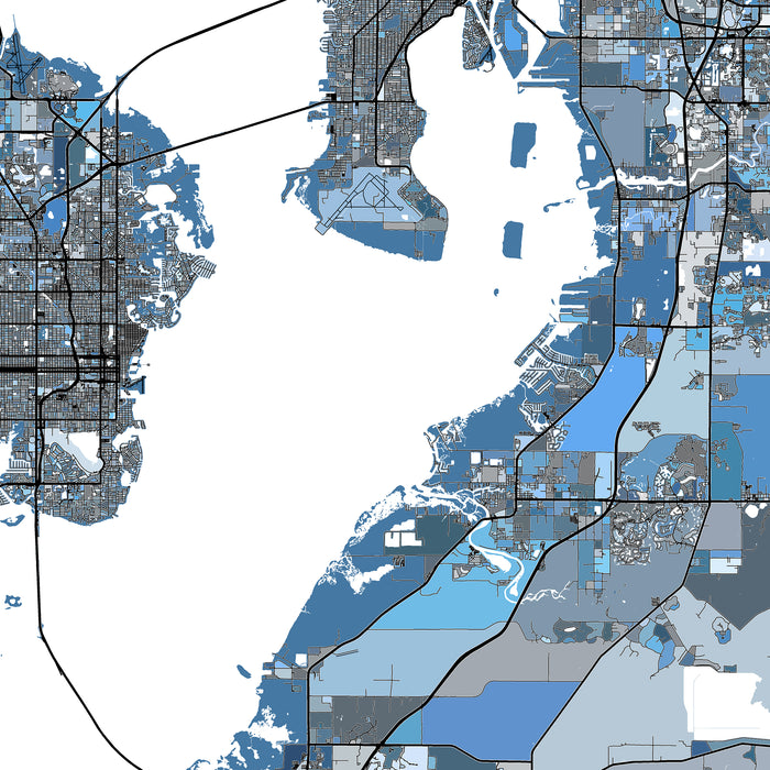 Map of a city with blue and gray color coding