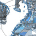 Map of a city with blue and gray color coding