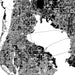 Black and white map of a city layout with roads and water bodies