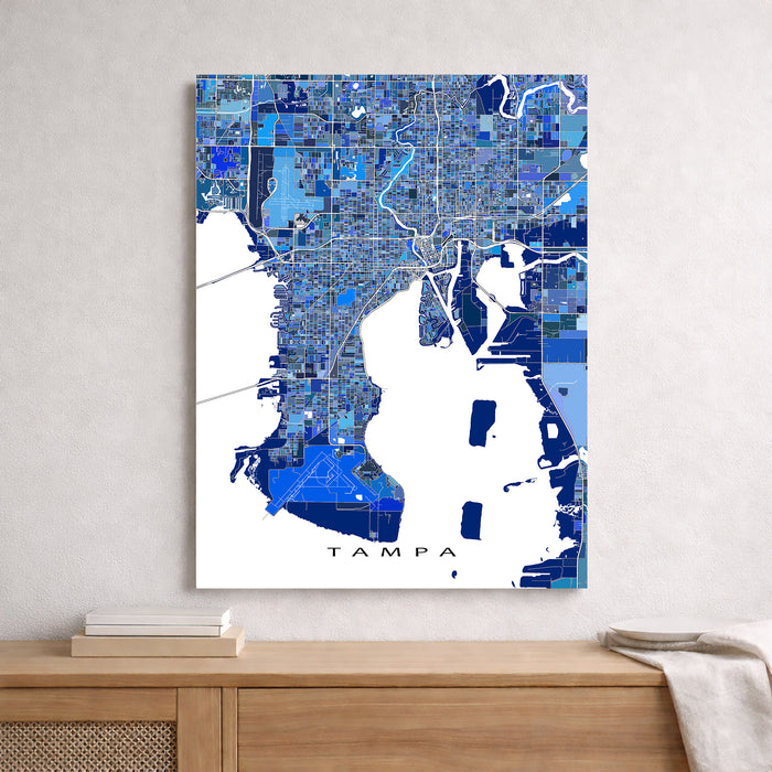 Map of Tampa on a wall above a wooden surface