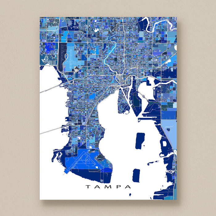Map of Tampa in blue and white on a beige background