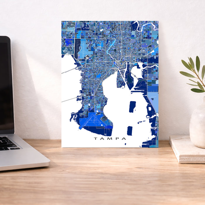 Map of Tampa on a wall next to a laptop and plant