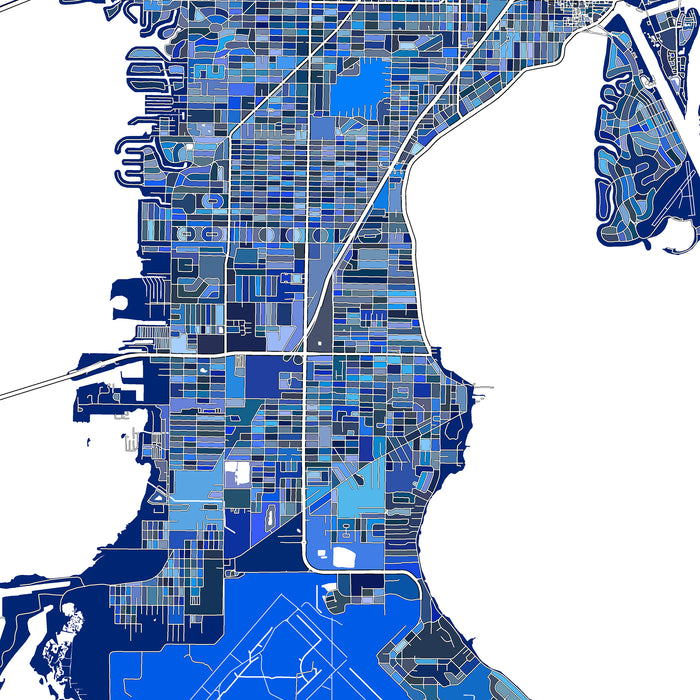 Map of a city with blue and white color scheme