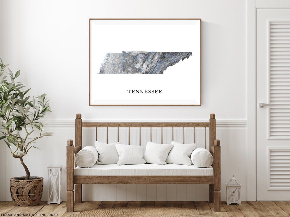 Tennessee state map print with a black and white topographic design by Maps As Art.