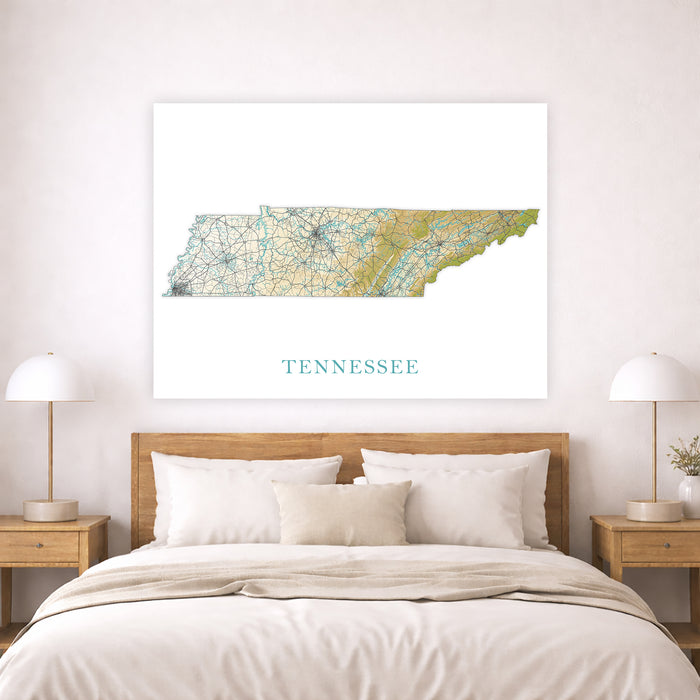 Map of Tennessee on a wall above a bed in a bedroom setting