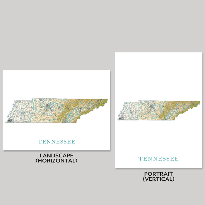 Two maps of Tennessee, one landscape and one portrait, on a gray background.