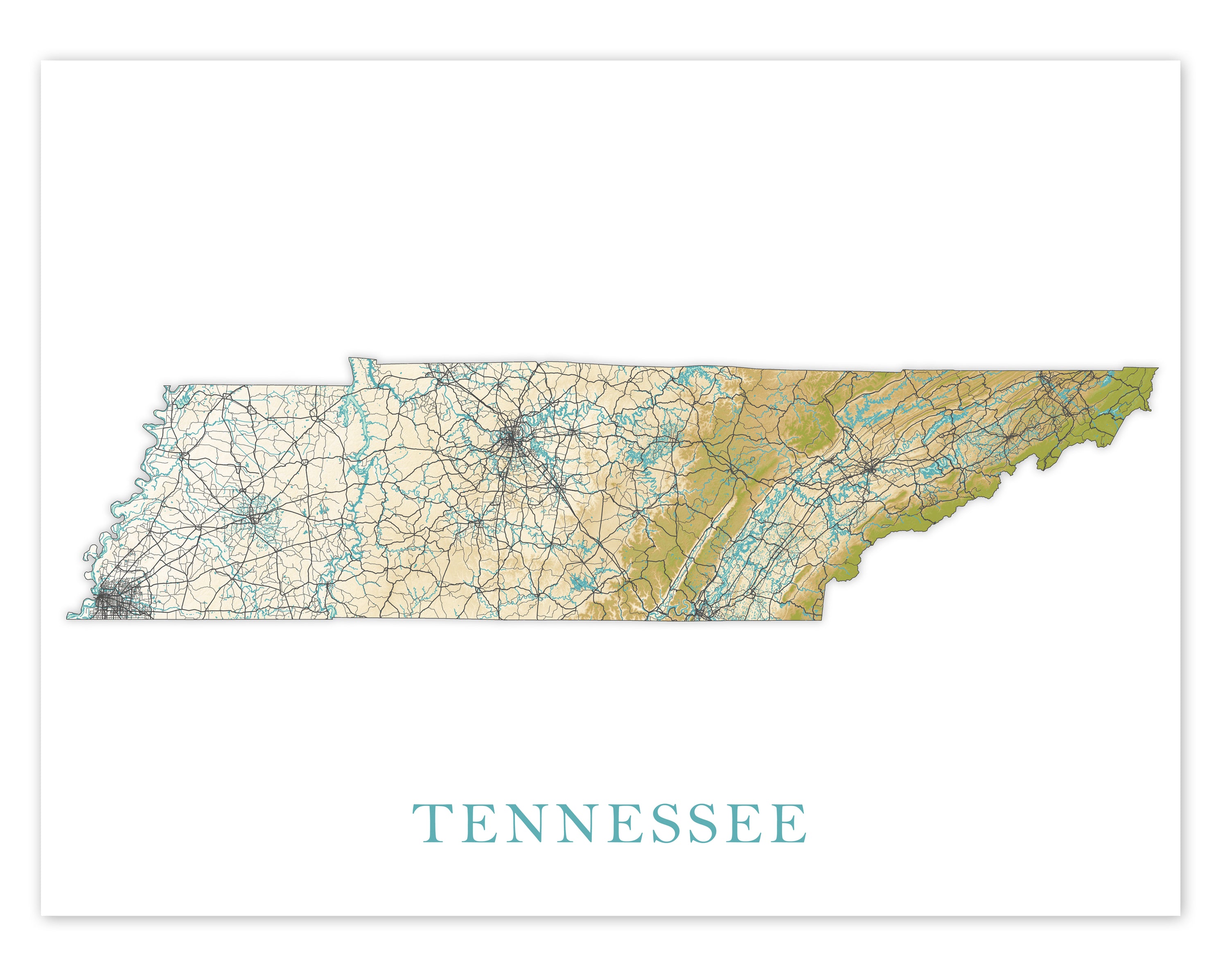 Tennessee State Map Print Poster, Topographic Landscape Art TN Road Ma ...