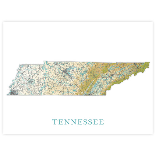 Map of Tennessee with roads and boundaries on a white background