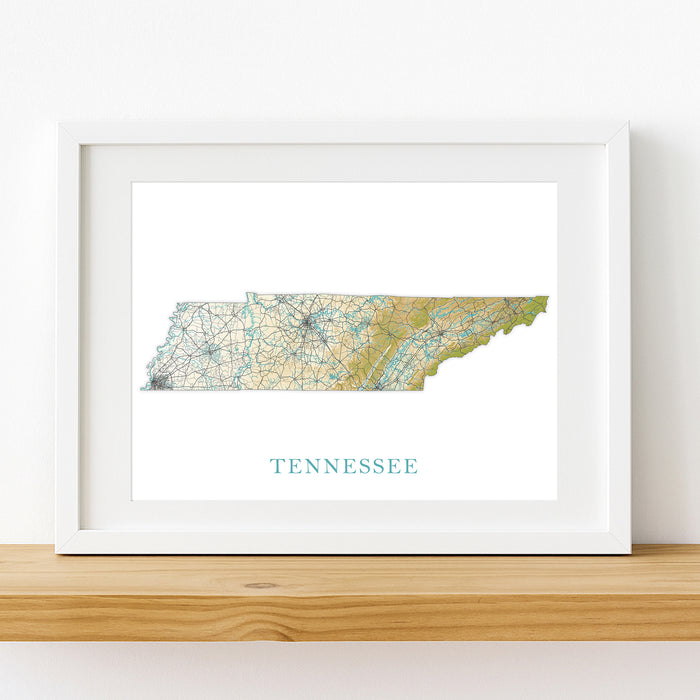 Framed map of Tennessee on a white wall