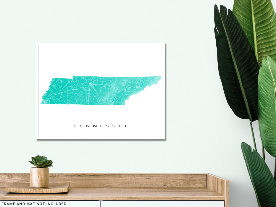 Tennessee state map print with natural landscape and main roads designed by Maps As Art.