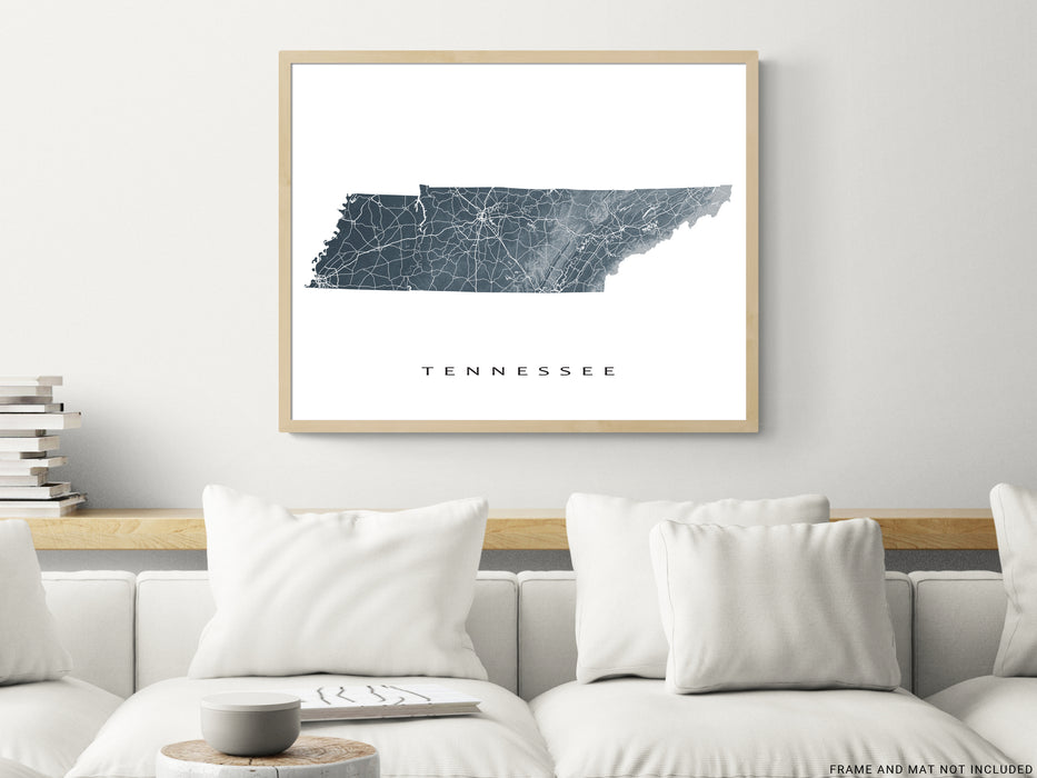 Tennessee state map print with natural landscape and main roads designed by Maps As Art.