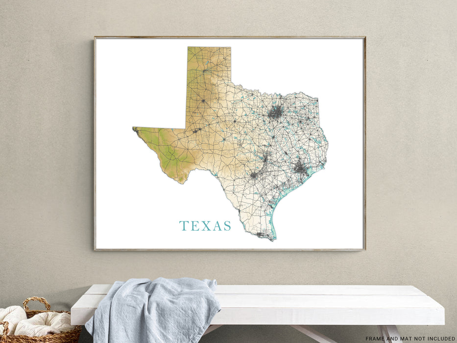 Texas Map Style Texas State Wall Art Map Print Poster, Topographic Terrain Landscape T ...
