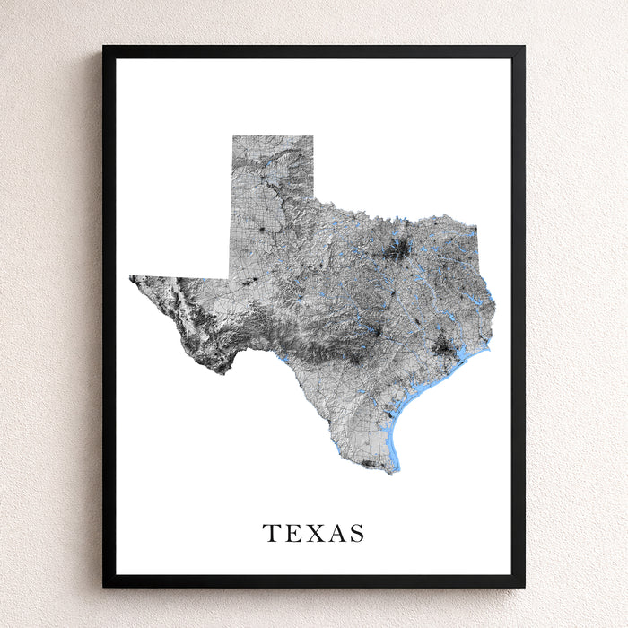 Framed map of Texas on a white wall