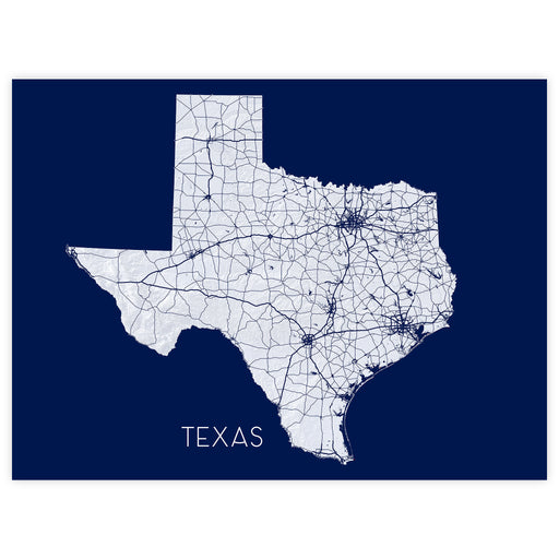 Map of Texas with roads on a navy blue background
