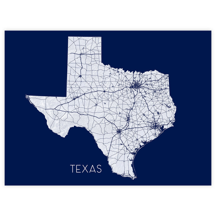 Map of Texas with roads on a navy blue background
