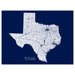 Map of Texas with roads on a navy blue background