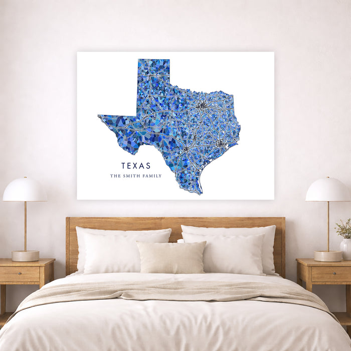 Texas Map Print: Blue Mosaic Line Art Design (Custom Subtitle)