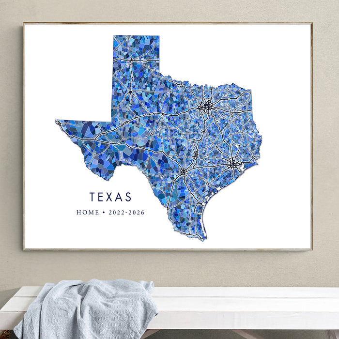 Texas Map Print: Blue Mosaic Line Art Design (Custom Subtitle)
