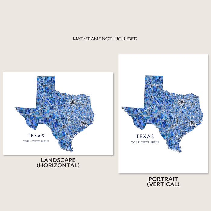 Texas Map Print: Blue Mosaic Line Art Design (Custom Subtitle)