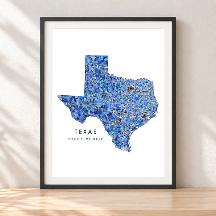 Texas Map Print: Blue Mosaic Line Art Design (Custom Subtitle)