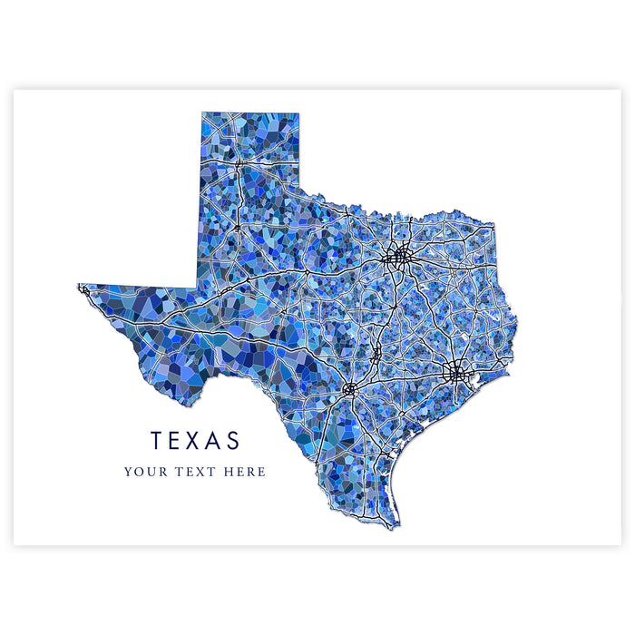 Texas Map Print: Blue Mosaic Line Art Design (Custom Subtitle)