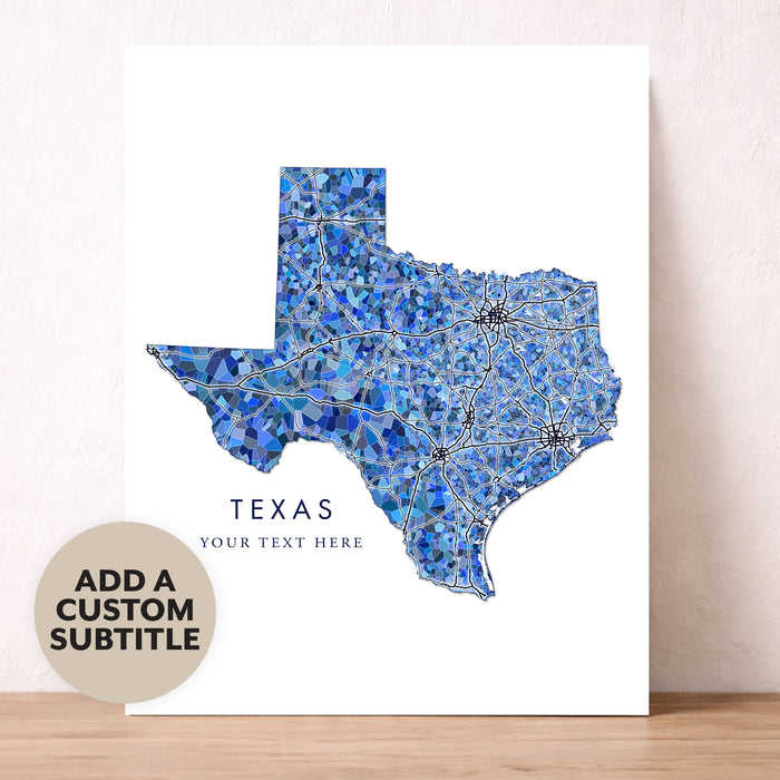 Texas Map Print: Blue Mosaic Line Art Design (Custom Subtitle)