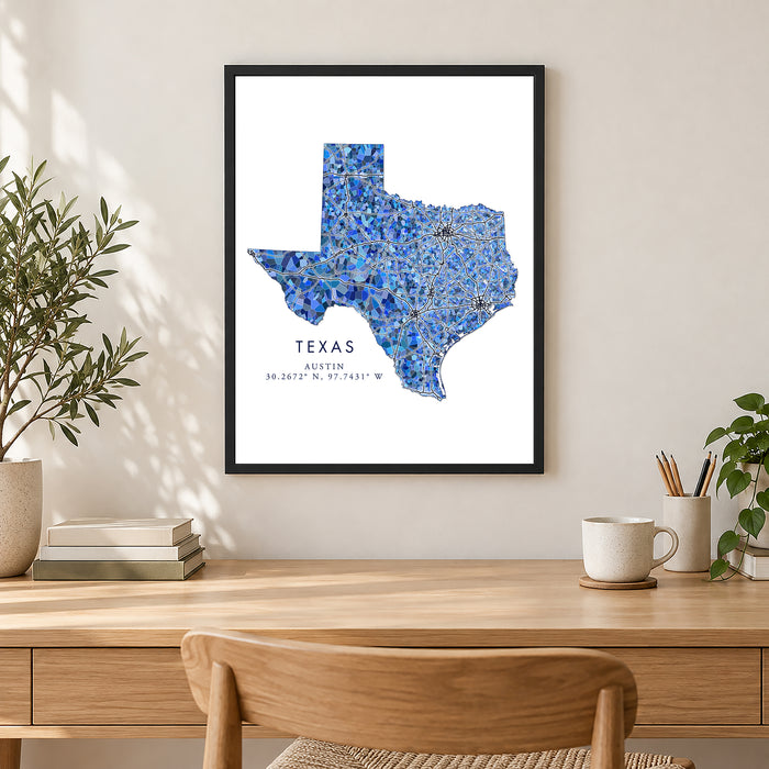 Texas Map Print: Blue Mosaic Line Art Design (Custom Subtitle)