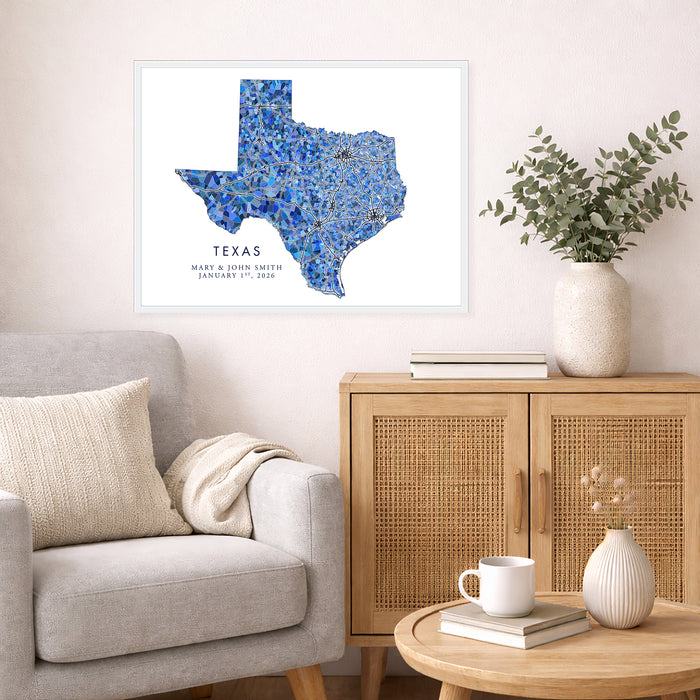 Texas Map Print: Blue Mosaic Line Art Design (Custom Subtitle)