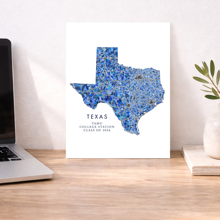 Texas Map Print: Blue Mosaic Line Art Design (Custom Subtitle)