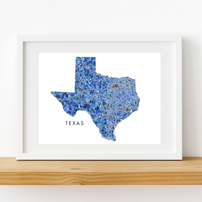 Texas Map Print: Blue Mosaic Line Art Design (Custom Subtitle)