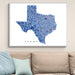 Framed map of Texas with blue mosaic pattern on a wall above a beige sofa.