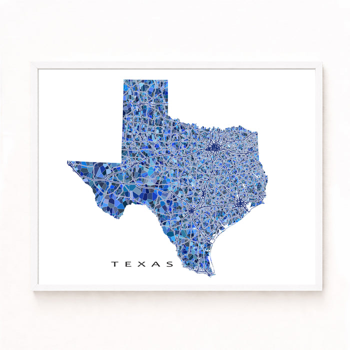 Map of Texas in blue on a white background