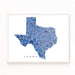 Map of Texas in blue on a white background