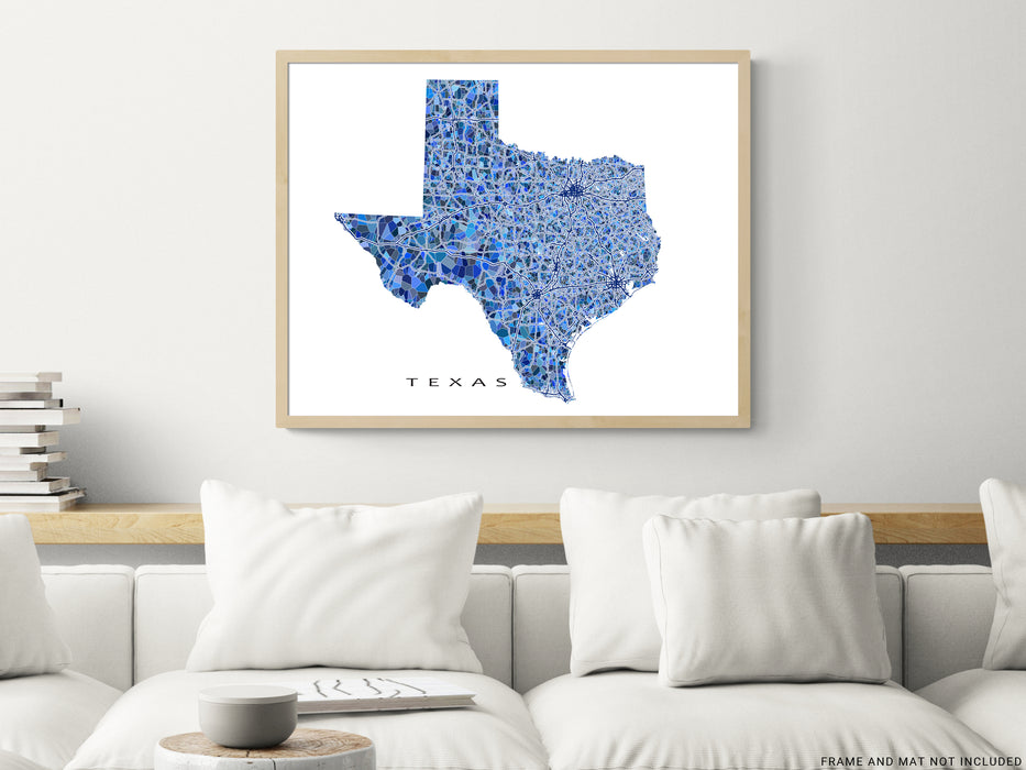 Texas state map art print in blue shapes designed by Maps As Art.