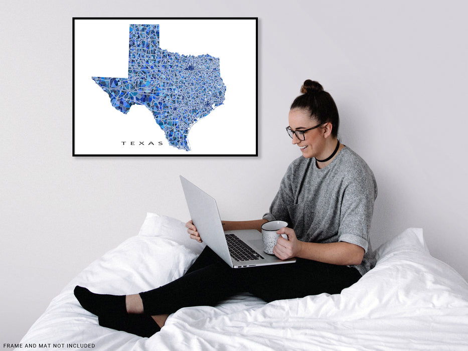 Texas Map USA, Blue Geometric Texas Art Prints, TX State Print Maps, Dallas Austin Houston