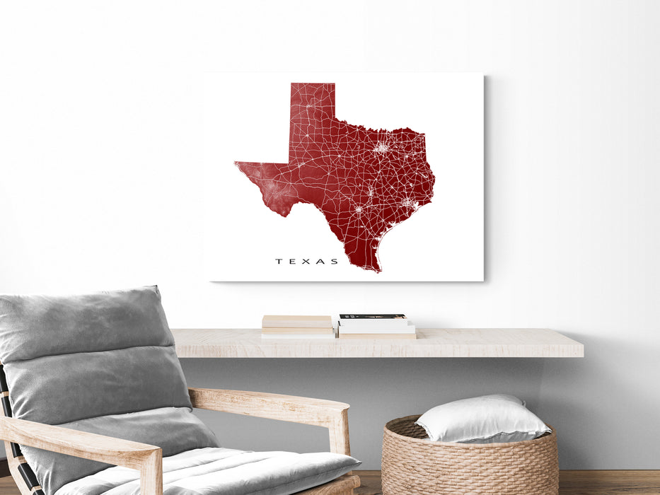 Texas state map print with natural landscape and main roads designed by Maps As Art.