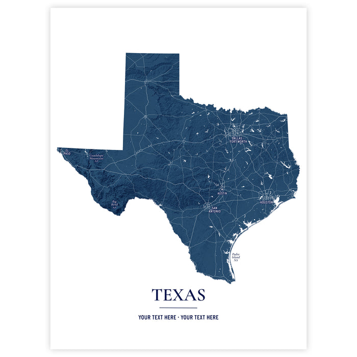 A minimalist map art print of Texas, featuring a dark navy blue state silhouette with white road lines and city labels, on a white background with the word 'TEXAS' and placeholder text below.