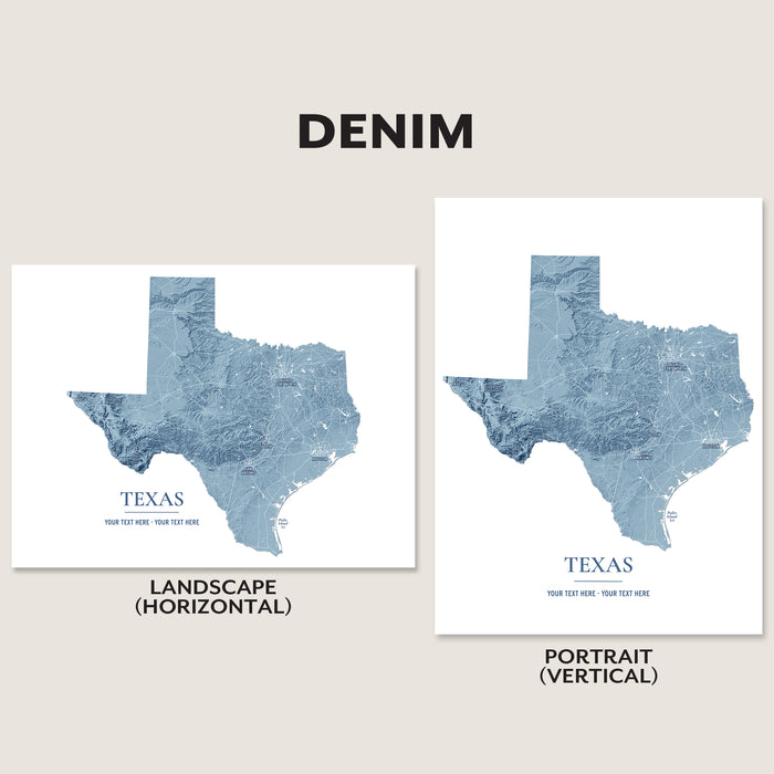 Two Texas state map art prints in blue and white are shown side by side on a light beige background, labeled Landscape (Horizontal) and Portrait (Vertical), under the heading DENIM.