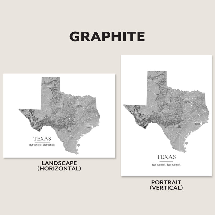 Two Texas map art prints shown on a beige background, labeled GRAPHITE, LANDSCAPE (HORIZONTAL), and PORTRAIT (VERTICAL). The prints feature a grayscale topographic-style map of Texas on white paper.