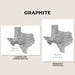 Two Texas map art prints shown on a beige background, labeled GRAPHITE, LANDSCAPE (HORIZONTAL), and PORTRAIT (VERTICAL). The prints feature a grayscale topographic-style map of Texas on white paper.