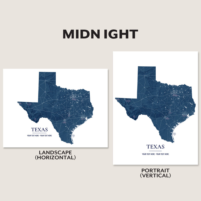 Two Texas city map art prints labeled MIDNIGHT, shown side by side as Landscape (Horizontal) and Portrait (Vertical) options on a light beige background.