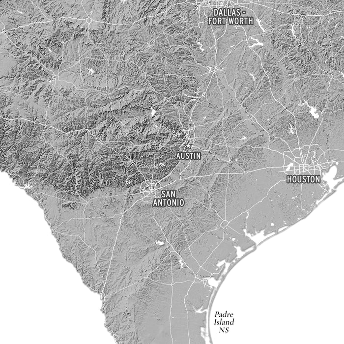 A grayscale topographic map of Texas showing major cities including Dallas-Fort Worth, Austin, San Antonio, Houston, and Padre Island NS, with contour shading and road networks.