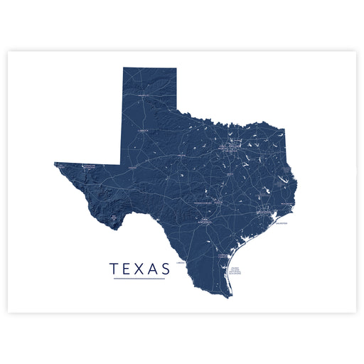 A minimalist map print of the state of Texas in dark navy blue with white road lines and the word 'TEXAS' printed below, shown on a white background with a thin gray border.