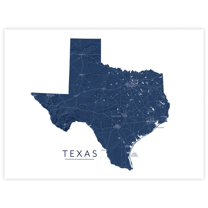 A minimalist map print of the state of Texas in dark navy blue with white road lines and the word 'TEXAS' printed below, shown on a white background with a thin gray border.
