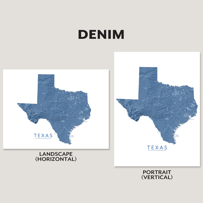 Two Texas state map art prints in blue and white are shown side by side on a light beige background, labeled Landscape (Horizontal) and Portrait (Vertical), with the word DENIM at the top.