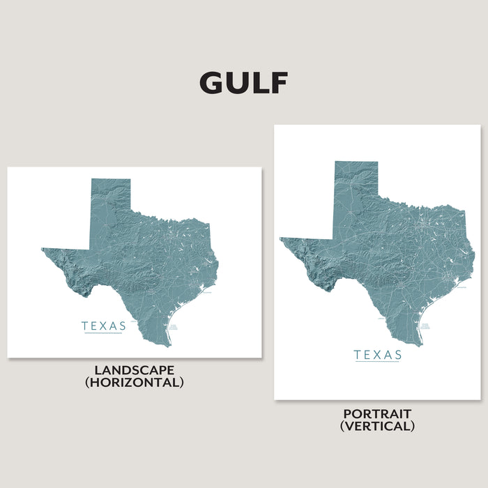 Two Texas map art prints labeled Landscape (Horizontal) and Portrait (Vertical) on a light beige background, with the word GULF above.