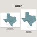 Two Texas map art prints labeled Landscape (Horizontal) and Portrait (Vertical) on a light beige background, with the word GULF above.