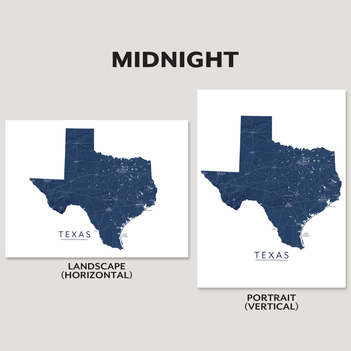 Two Texas map art prints labeled Midnight are shown on a light beige background, with landscape and portrait orientations displayed side by side. The maps are dark navy blue with white city lights and the word TEXAS beneath the state outline.