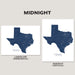 Two Texas map art prints labeled Midnight are shown on a light beige background, with landscape and portrait orientations displayed side by side. The maps are dark navy blue with white city lights and the word TEXAS beneath the state outline.