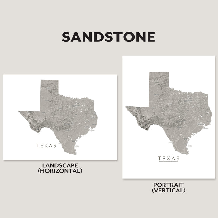 Two gray Texas state map art prints labeled Landscape (Horizontal) and Portrait (Vertical) on a light beige background, with the word SANDSTONE at the top.